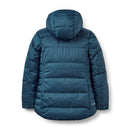 The Rab Women’s Positron Pro Down Jacket is shown from the back in teal, featuring a hood, long sleeves, and horizontal quilted stitching. Designed with hydrophobic down insulation for superior warmth, this jacket is ideal for high-altitude expeditions.