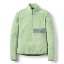 The Rab Womens Ramshaw Pull-On Fleece in light green is a long-sleeve pullover made from recycled midlayer fleece, offering a breathable design thats perfect for hiking. It features a half-zip front, zippered chest pocket with the Rab logo, stand-up collar, and a relaxed fit.