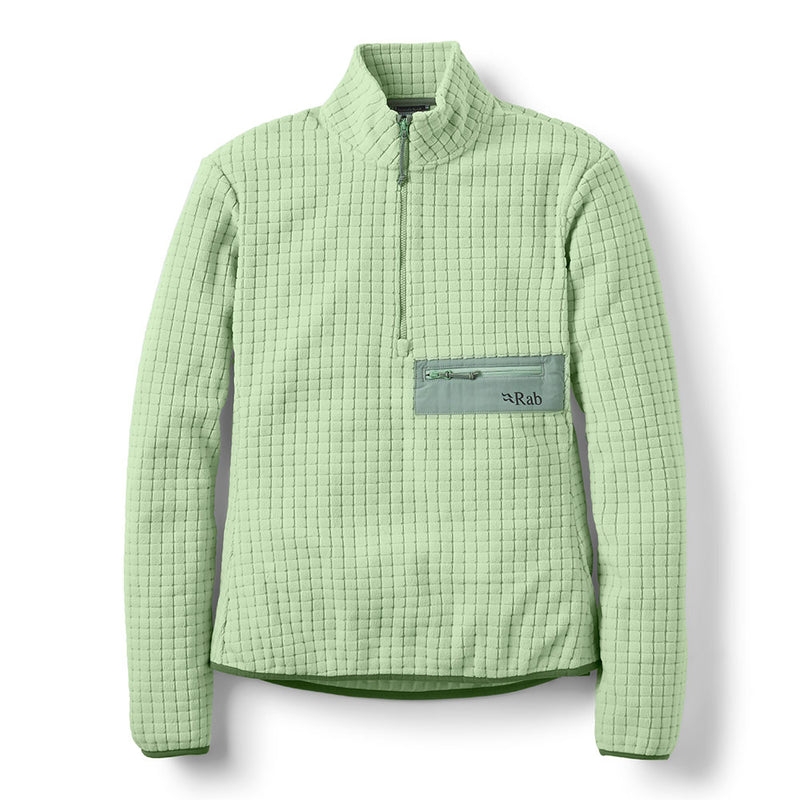 The Rab Womens Ramshaw Pull-On Fleece in light green is a long-sleeve pullover made from recycled midlayer fleece, offering a breathable design thats perfect for hiking. It features a half-zip front, zippered chest pocket with the Rab logo, stand-up collar, and a relaxed fit.