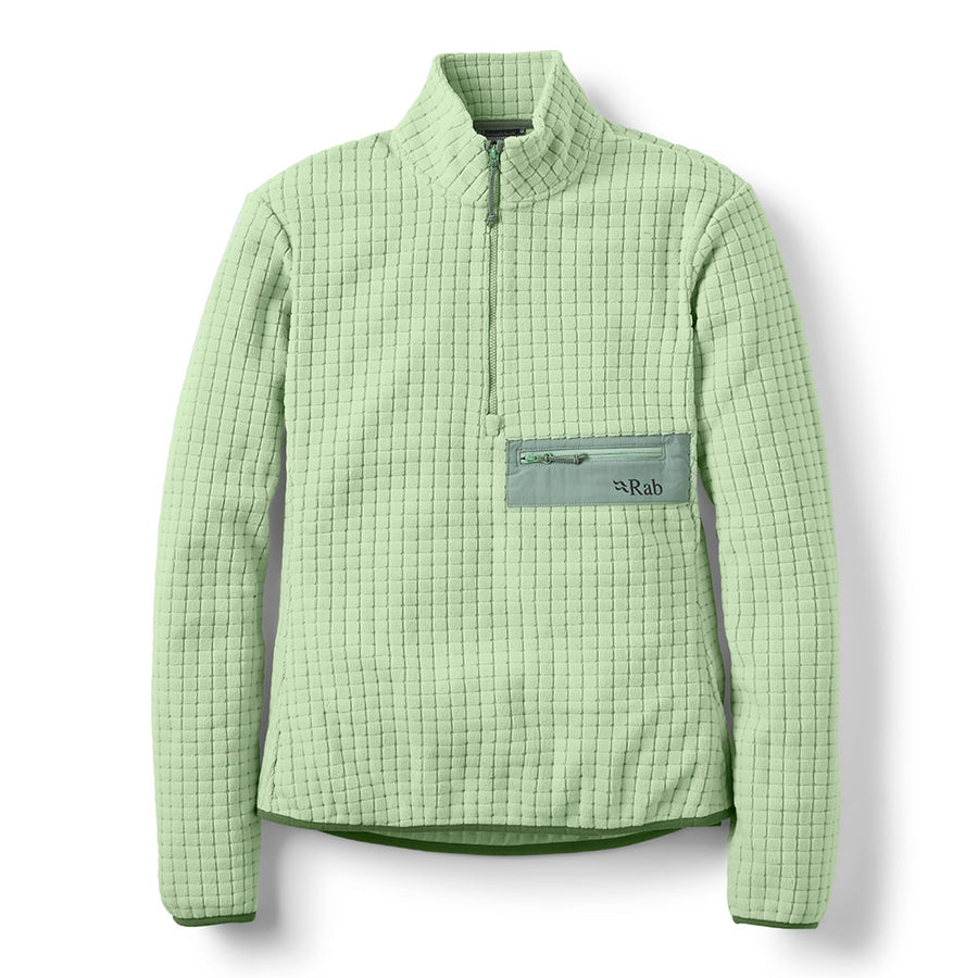 The Rab Womens Ramshaw Pull-On Fleece in light green is a long-sleeve pullover made from recycled midlayer fleece, offering a breathable design thats perfect for hiking. It features a half-zip front, zippered chest pocket with the Rab logo, stand-up collar, and a relaxed fit.