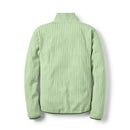 The Womens Ramshaw Pull-On Fleece by Rab is shown from the back in light green, featuring a quilted grid pattern reminiscent of a women’s grid fleece. It has long sleeves, a stand-up collar, and showcases a simple, modern design with no visible logos or embellishments.