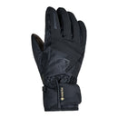 Black glove with brand logos on a white background. Keep kids warm and dry with PFAS-free, durable ski gloves featuring recycled padding and certified fabrics