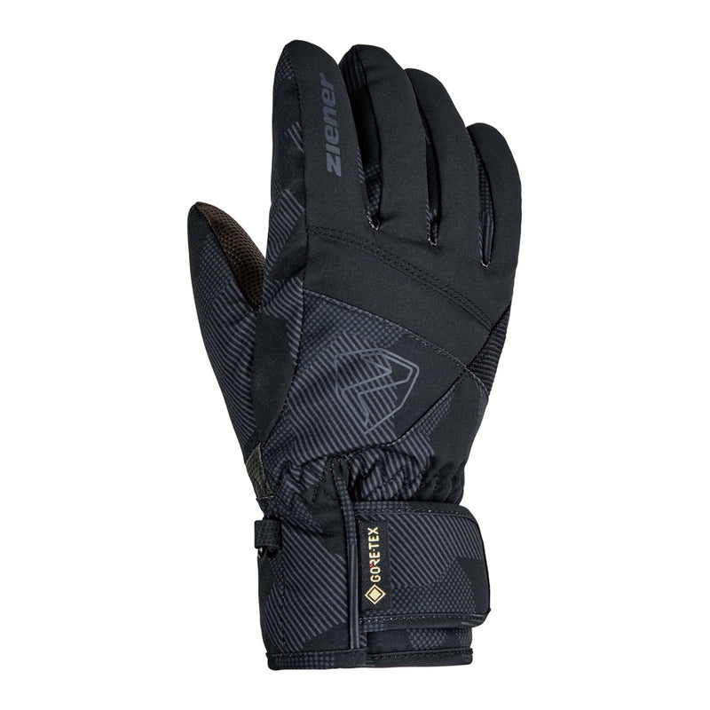 Black glove with brand logos on a white background. Keep kids warm and dry with PFAS-free, durable ski gloves featuring recycled padding and certified fabrics