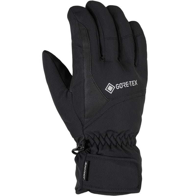 Black glove with Gore-Tex logo on a white background, Waterproof ski gloves with GORE-TEX ePE membrane and ergonomic fit. PFAS-free and made with recycled materials.