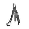 Leatherman Skeletool CX in Onyx  colourway on a white background. It is opened with the main blade, screwdriver bit, pliers and carabiner all visible.
