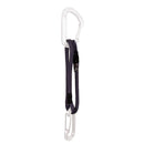 Two carabiners with a black runner on a white background