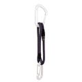 Two carabiners with a black runner on a white background