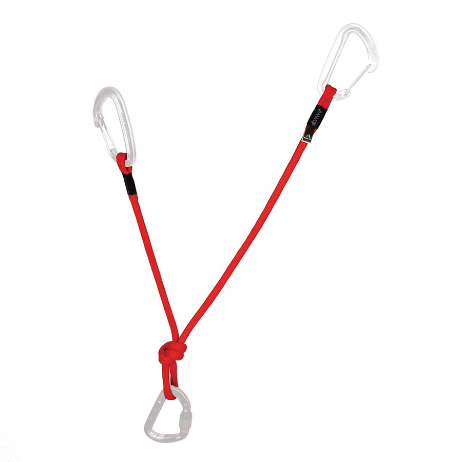Red bungee cord with two carabiners on a white background