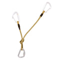 Two carabiners with a yellow bungee cord on a white background