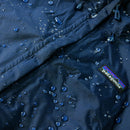Navy blue jacket with water droplets and brand logo