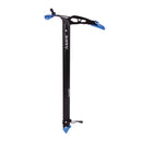 Black ice axe with blue accents on a white background