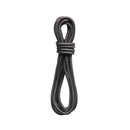 Coiled black rope on a white background