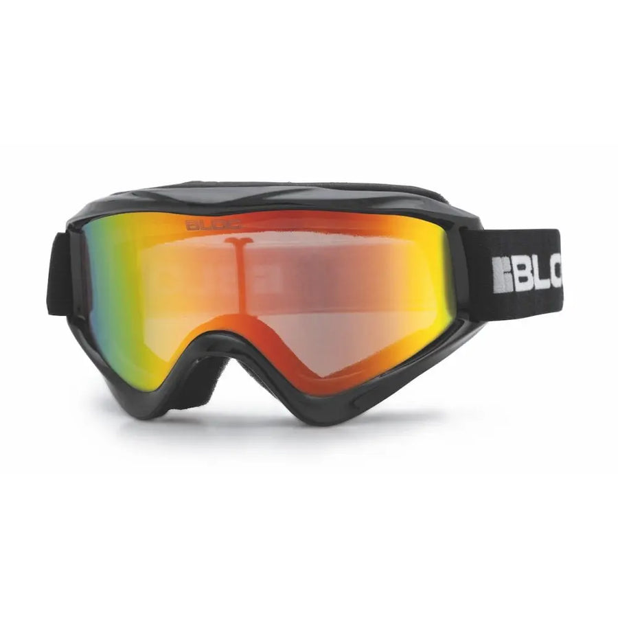 The Bloc Spark Junior Category 3 ski goggles in matt black feature a red reflective lens, anti-fog coating, UV protection, and an adjustable black strap with white text.