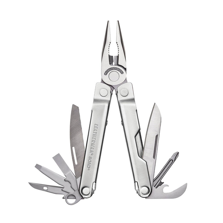 The Leatherman Bond Multitool features stainless steel construction and includes open pliers, a knife, a file, screwdrivers, a bottle opener, and scissors—making it a classic pocket survival tool.