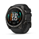 A black Garmin fēnix 9 smartwatch showcases the time 10:10, date August 1, full battery at 100%, step count, and activity statistics on a vibrant color AMOLED display, complemented by a durable black silicone strap.