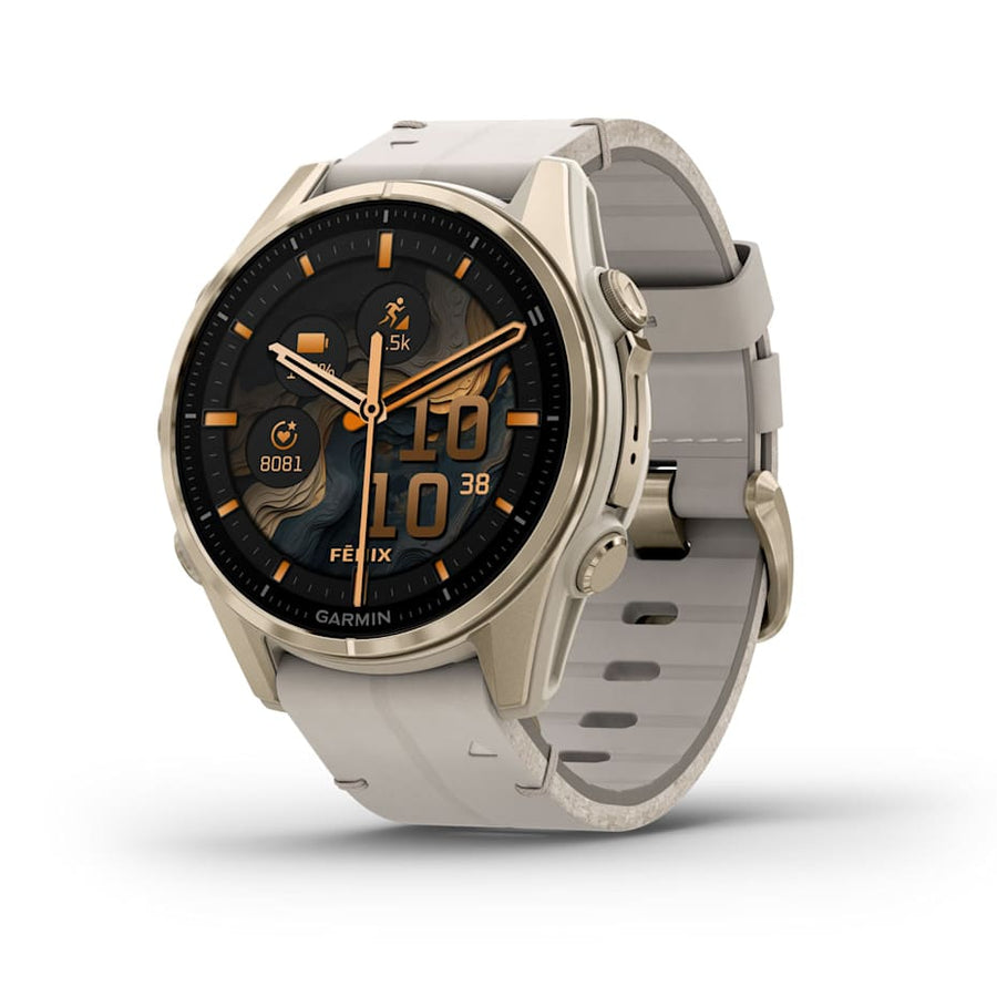 Garmin fēnix® 8 – 43 mm | AMOLED - Sapphire, Soft Gold with Limestone Leather Band  