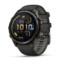 A black Garmin fēnix 9 Pro inReach multisport GPS smartwatch displays the time, date, battery level, heart rate, and step count on its round digital screen. The watch features satellite connectivity for precise tracking and is designed with a durable metal case and comfortable silicone strap.
