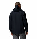 Person wearing a black Columbia waterproof jacket on a white background seen from behind