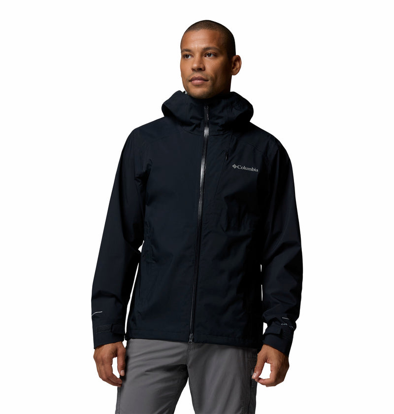 Man wearing a black Columbia jacket on a white background