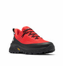 Red and black columbia hiking shoe on a white background
