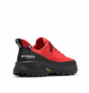 Red and black Columbia hiking shoe on a white background