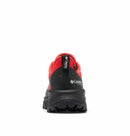 Red and black hiking boot with Columbia logo on a white background