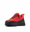 Red and black hiking shoe on a white background