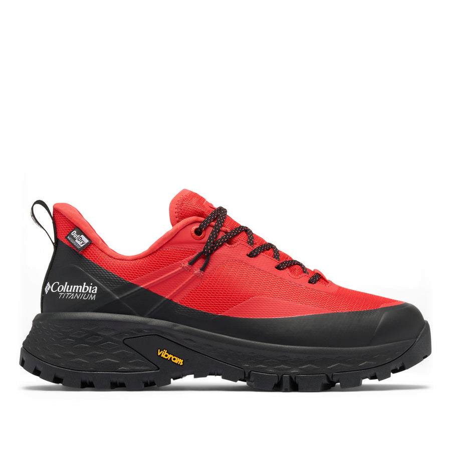 Red and black hiking shoe with Columbia logo on a white background