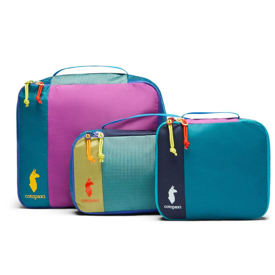 Set of colorful packing cubes with Cotopaxi logo on a white background