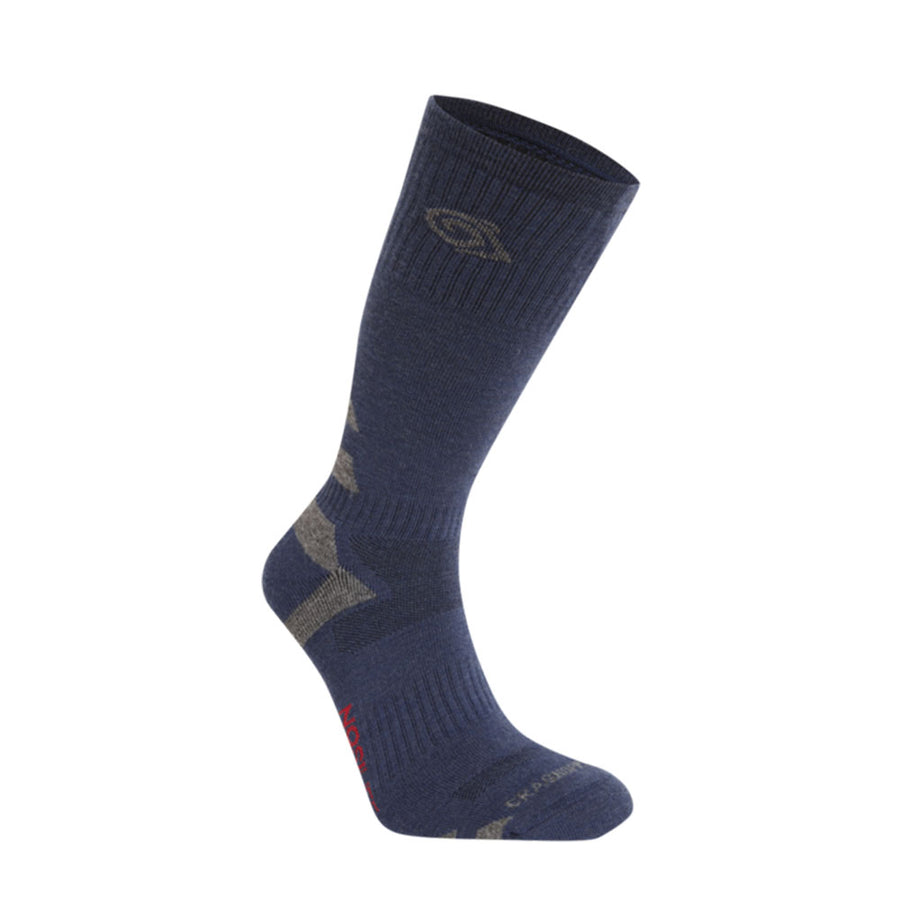 Navy sock with a Craghoppers brand logo on a white background