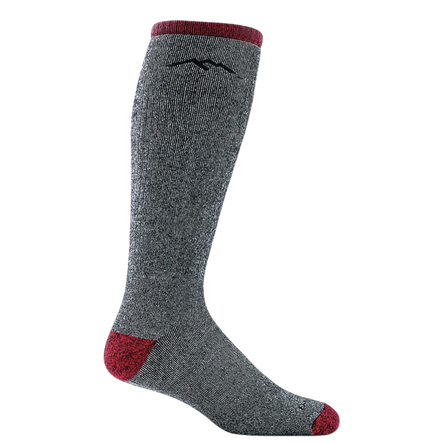 The Darn Tough Mens Mountaineering Over-the-Calf Heavyweight Hiking Sock is gray with red accents on the toe, heel, and cuff, plus a small black mountain logo. Made from cozy Merino Wool for extra comfort.