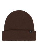 Brown beanie with a small logo on a white background