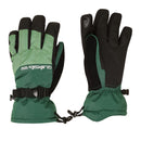 Pair of green and black gloves with touch screen tips on a white background