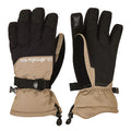 Pair of black and beige gloves with a brand logo on a white background