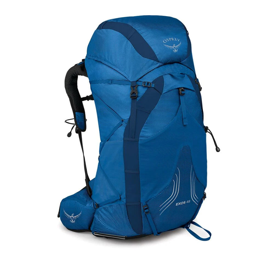 Osprey Exos 48 Ultralight Backpack side profile, Blue Ribbon