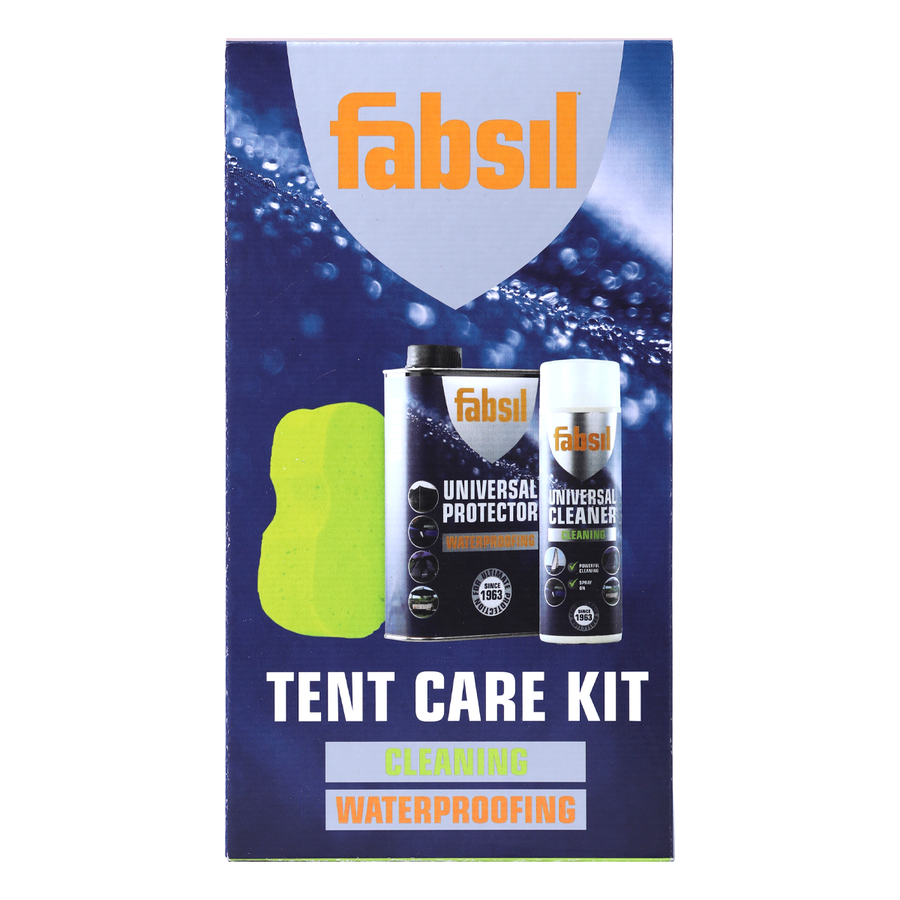 Fabsil tent care kit packaging with cleaning and waterproofing products on a blue background
