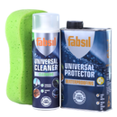 Fabsil Universal Cleaner and Universal Protector with a green sponge on a white background