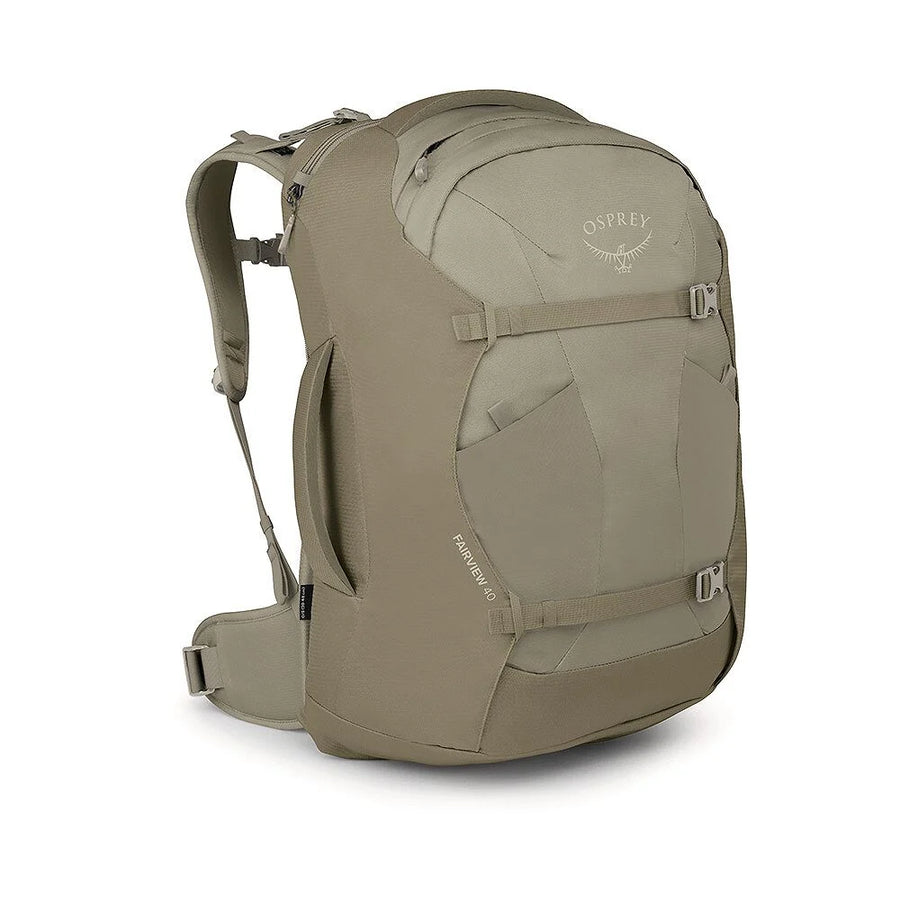 Osprey Fairview 40 Travel Pack side profile, Sawdust/Olive Tan