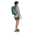 Osprey Fairview 70 Travel Pack worn, full length side profile, Cascade Blue/Teal Blue
