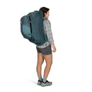 Osprey Fairview 70 Travel Pack worn, full length side profile, Cascade Blue/Teal Blue