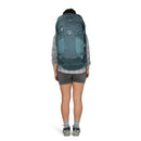 Osprey Fairview 70 Travel Pack worn, full length side profile, Cascade Blue/Teal Blue