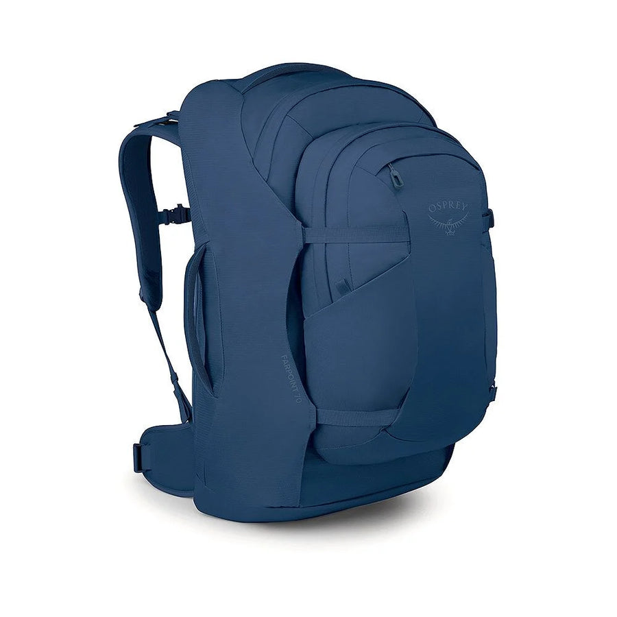 Osprey Farpoint 70 Travel Pack side profile, Antique Blue