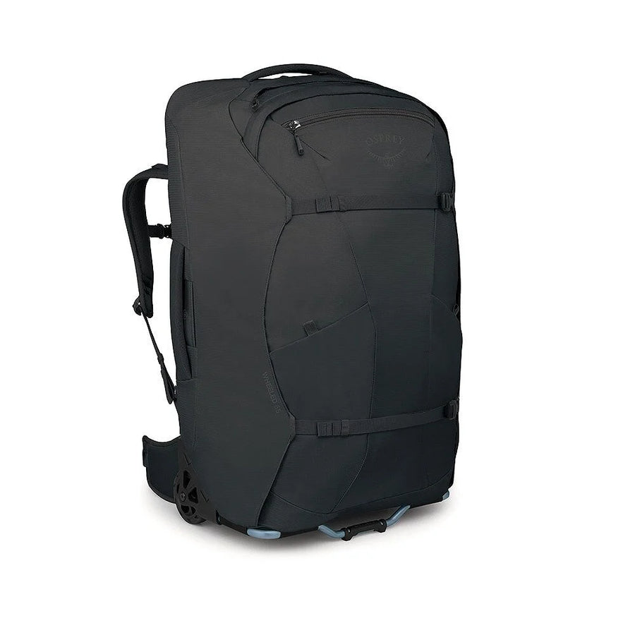 Osprey Farpoint Fairview Wheeled Travel Pack 65L front flat lay, Black