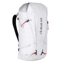 White backpack with 'Blue Ice' branding on a white background