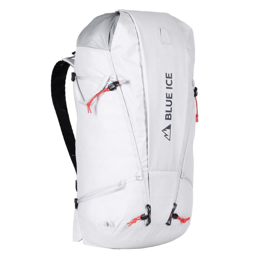 White backpack with 'Blue Ice' branding on a white background