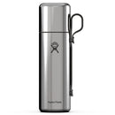 A tall, cylindrical Hydro Flask 28 oz (828 ml) Hot Flask & Cup with a glossy finish and the Hydro Flask logo on the front features stainless steel construction, vacuum insulation, and a clip attached to its side.