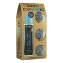 Grangers Down Care Kit in a brown kraft paper bag-style box, featuring a bottle of Down 2 in 1 wash and three circular windows showing gray wool dryer balls.