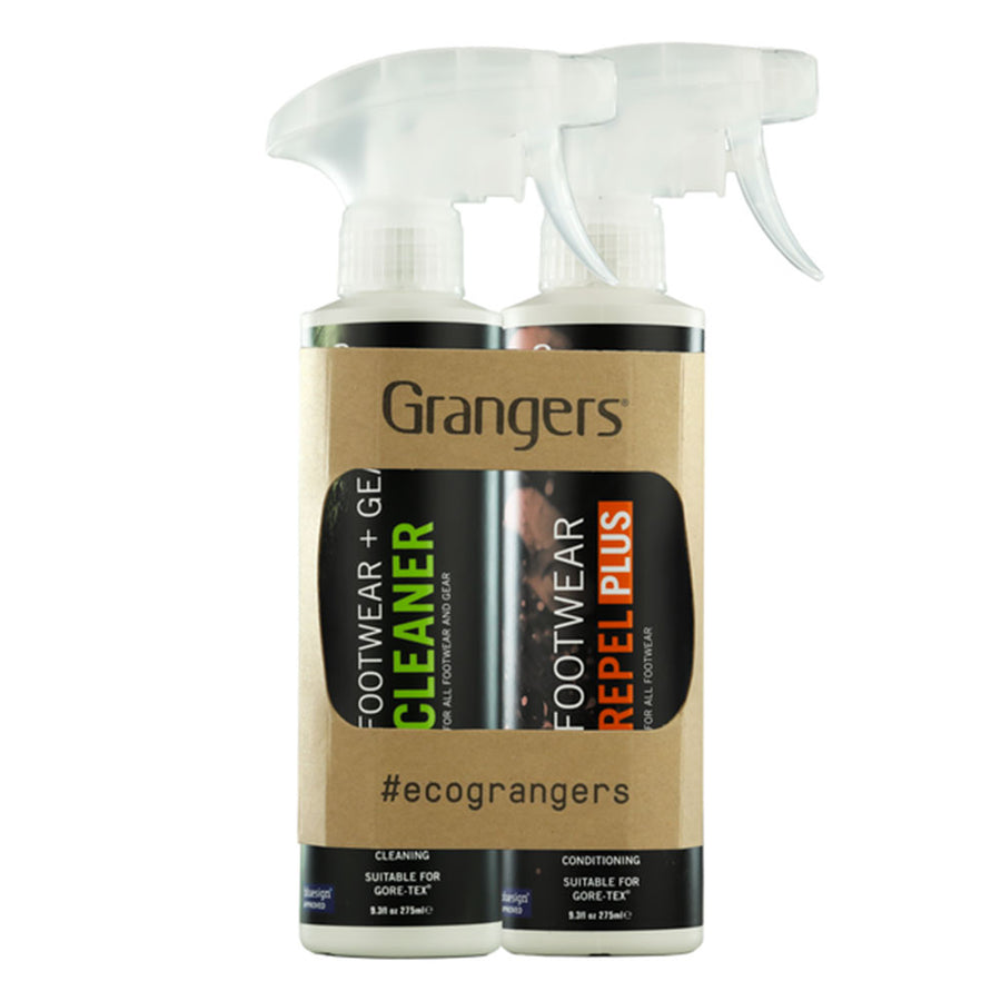 Two bottles of Grangers footwear cleaner and repel on a white background