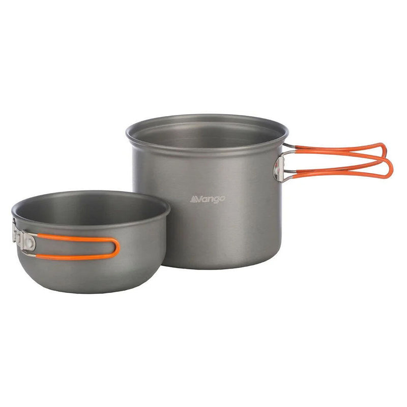Camping cookware set with gray pots and bowls and orange handles on a white background