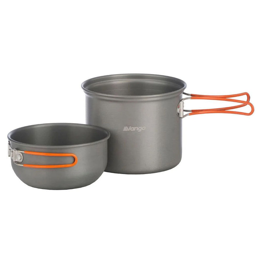 Camping cookware set with gray pots and bowls and orange handles on a white background